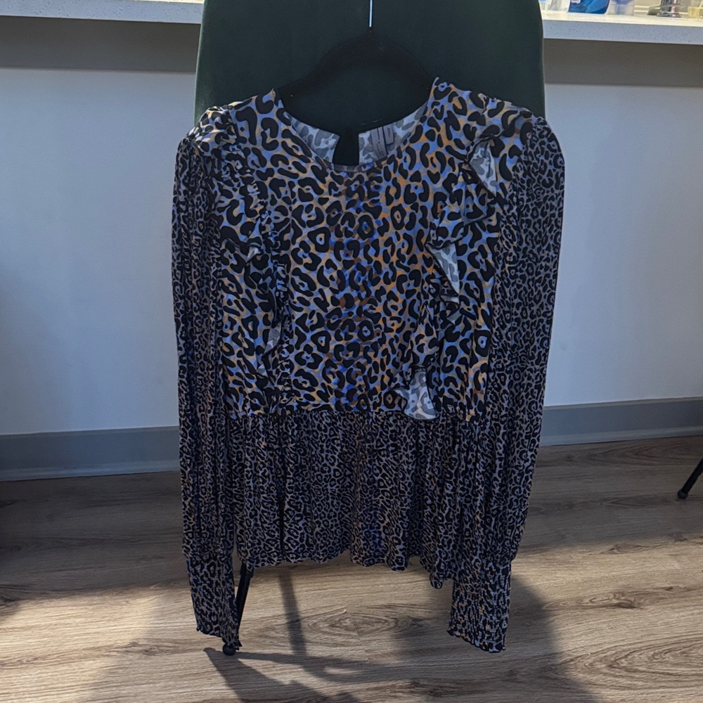 Anthropologie Black, Blue and Brown Leopard Blouse